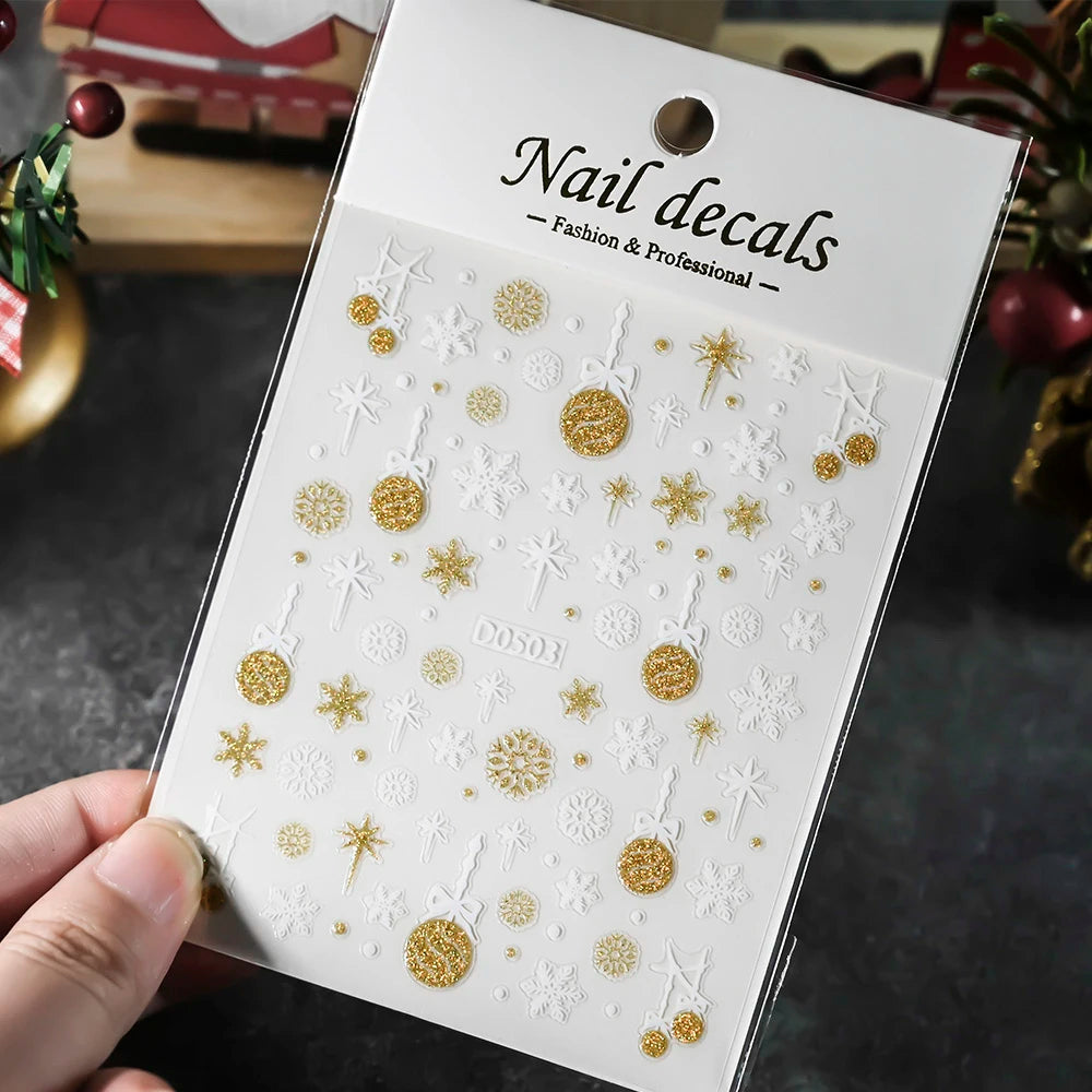 1pcs 5D Embossed Snowflakes/Snowman/Santa Claus/Reindeer Nail Art Stickers Self-Adhesive Cute Christmas Nail Art Decals 8*10CM