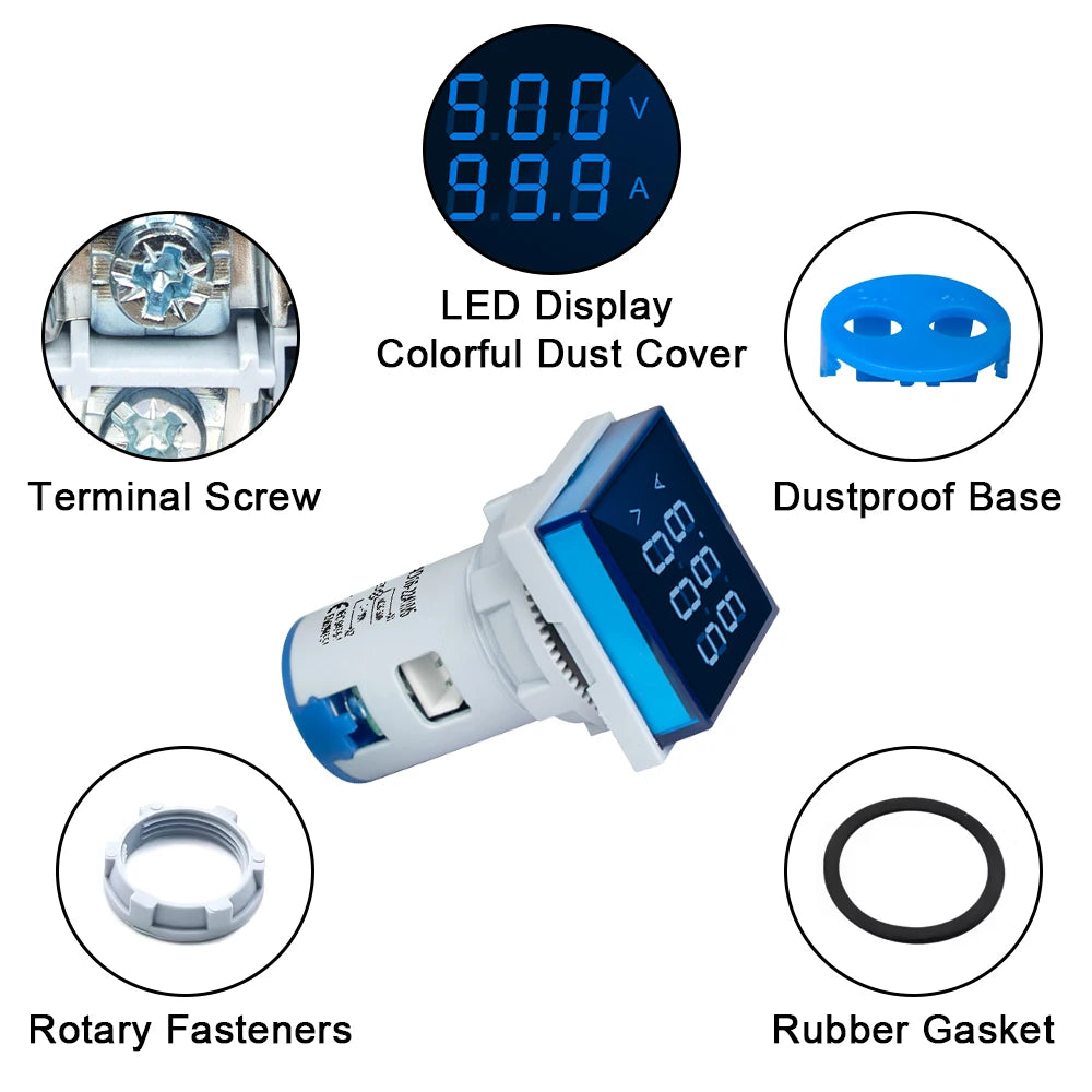 22MM AC 20-500V 0-100A Mini LED Digital Voltmeter Ammeter Hertz Meter Signal Lights 220V Voltage Current Meter Volt Amp Tester