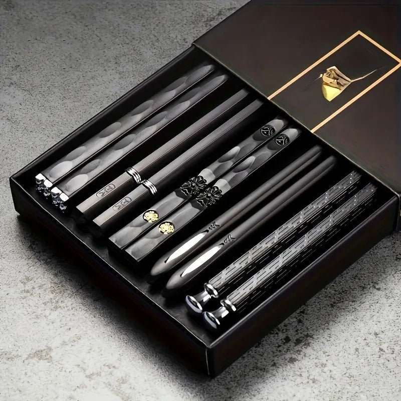 Nordic-Style Alloy Chopsticks Set - Non-Slip Heat-Resistant Utensils for Individual Servings, Dishwasher Safe (Gold/Black