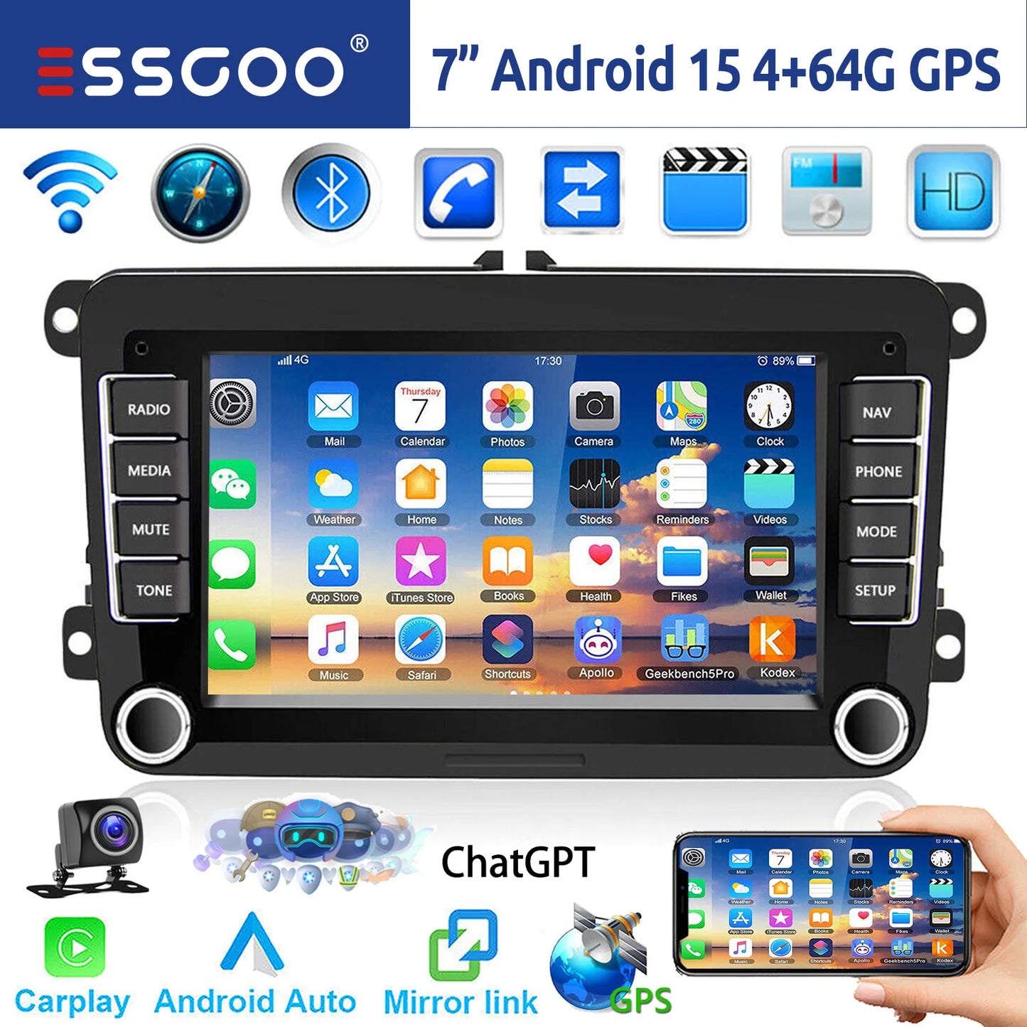 ESSGOO 7" Android 14 4G+64G Apple Carplay ChatGPT Car Stereo GPS WIFI RDS BT for VW Golf 5 6 Passat Polo Touran Tiguan Caddy EOS
