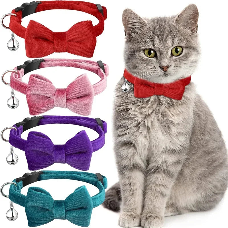 1Pcs/2Pcs Cat Collar with Bell Bow Tie Velvet & Fabric Adjustable Safety Collar for Small Dogs Kittens Pet Supplies
