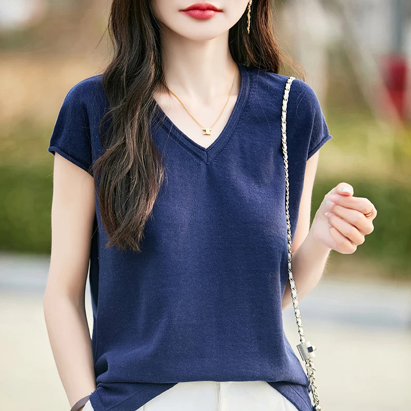 Pure Cotton Hollow Short-Sleeved Ladies Spring And Summer Loose Slim New Joker Knit Bottoming T-Shirt