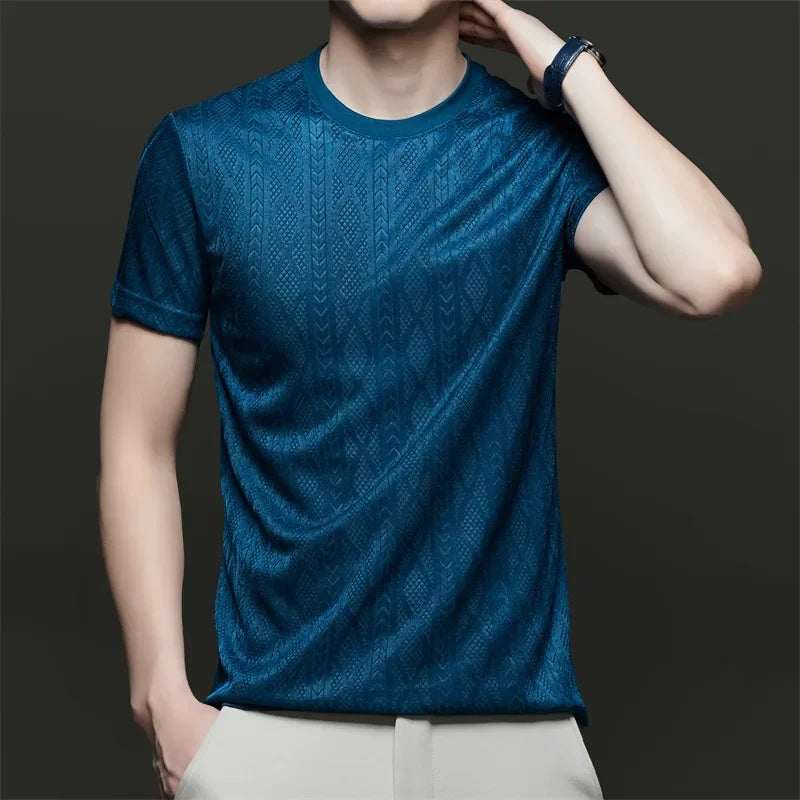 Men's Ice-Silk Jacquard Tee - Crew Neck, Cool-Touch Hollow Mesh
