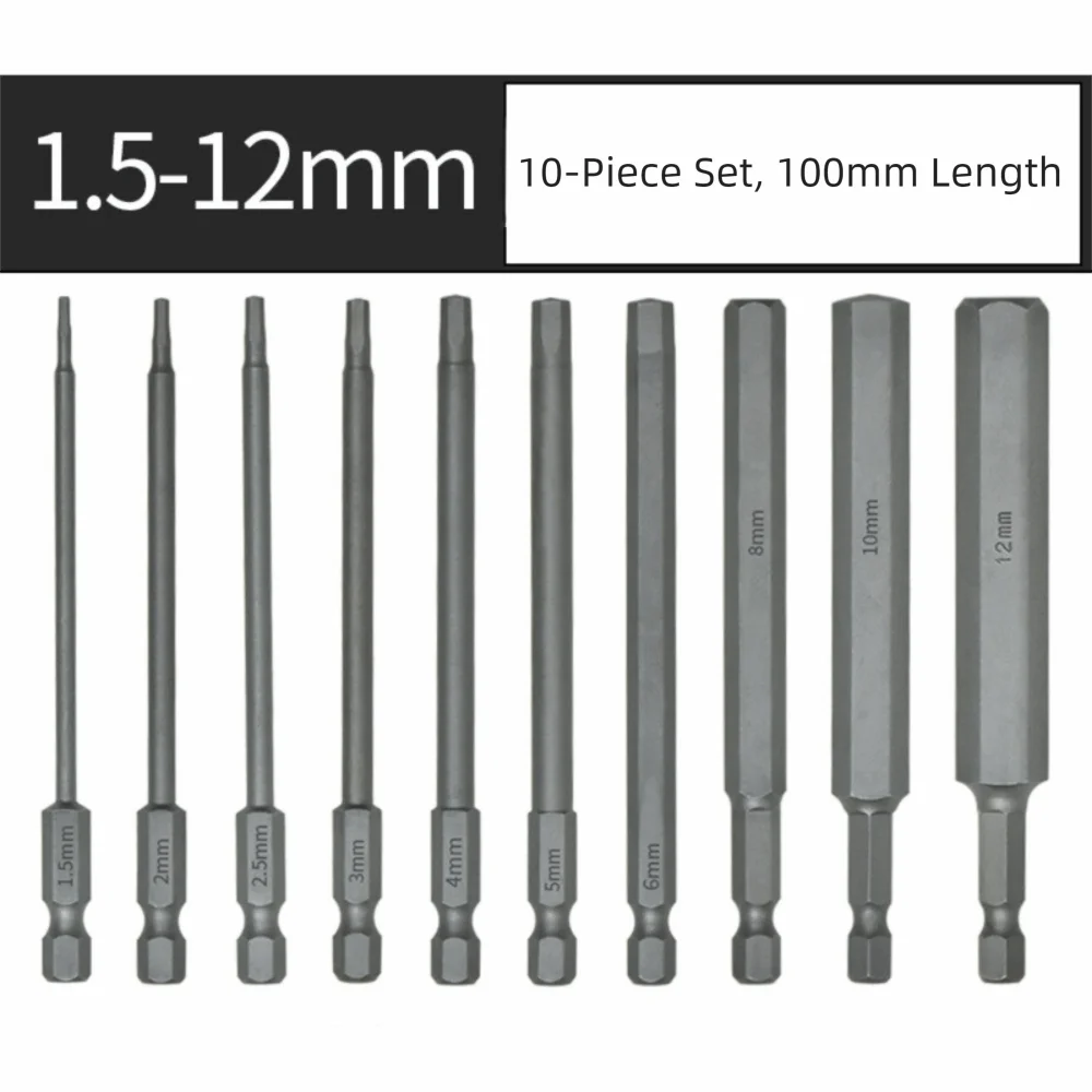 Tool Parts S2 Steel Hex Head Allen Wrench 1/4 Inch 100mm Length Hex Key Screwdriver 1.5-12mm Screwdriver Bits DIY Projects