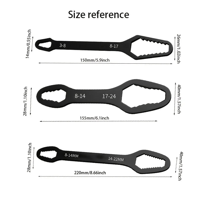 3Pcs Black Double-Head Wrench Kit, High-Hardness Steel, Adjustable & Box-End for Maintenance