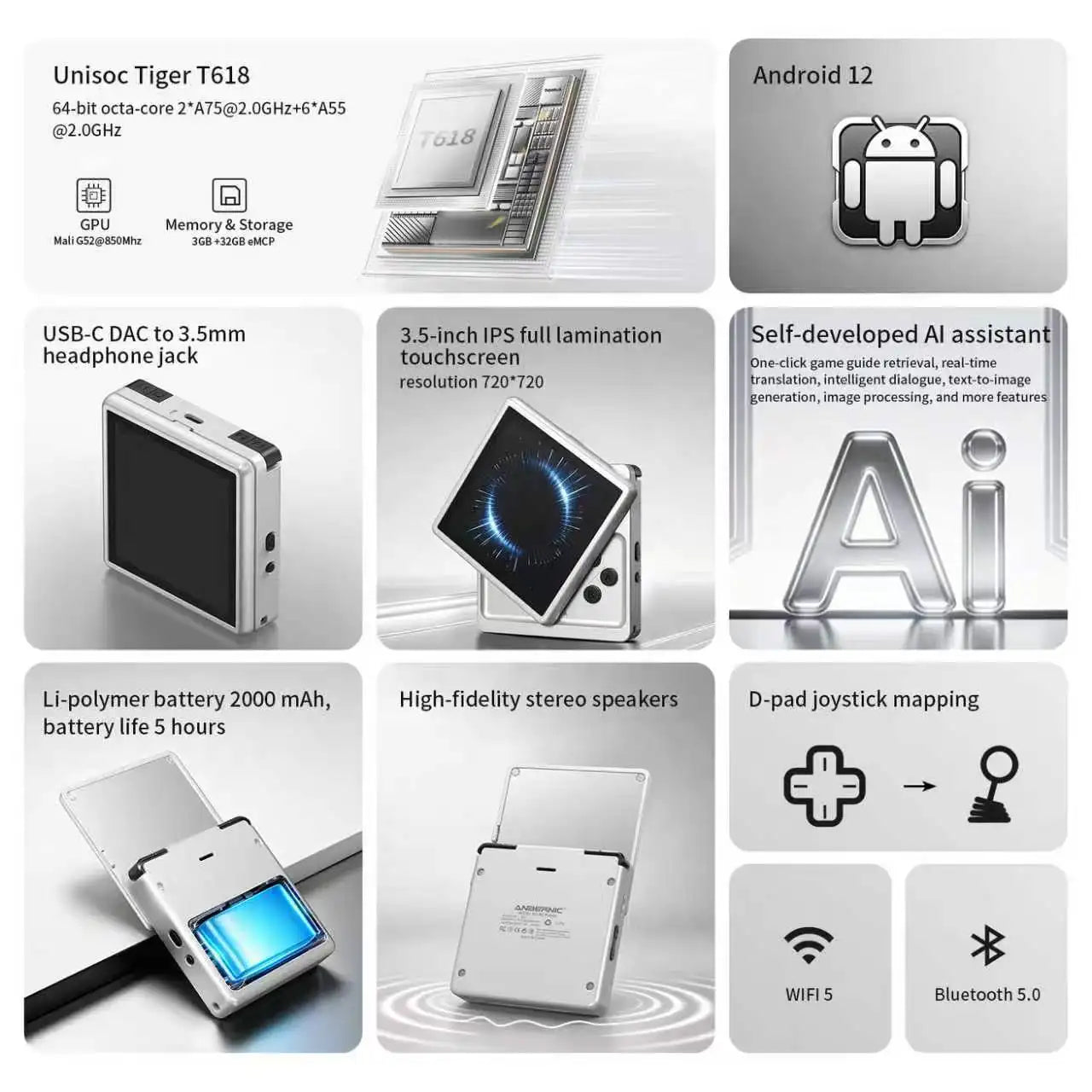 ANBERNIC RG Rotate Retro Handheld Game Console Android 12 T618 IPS Screen Game Emulator 3GB+32GB WiFi Portable Gaming Device
