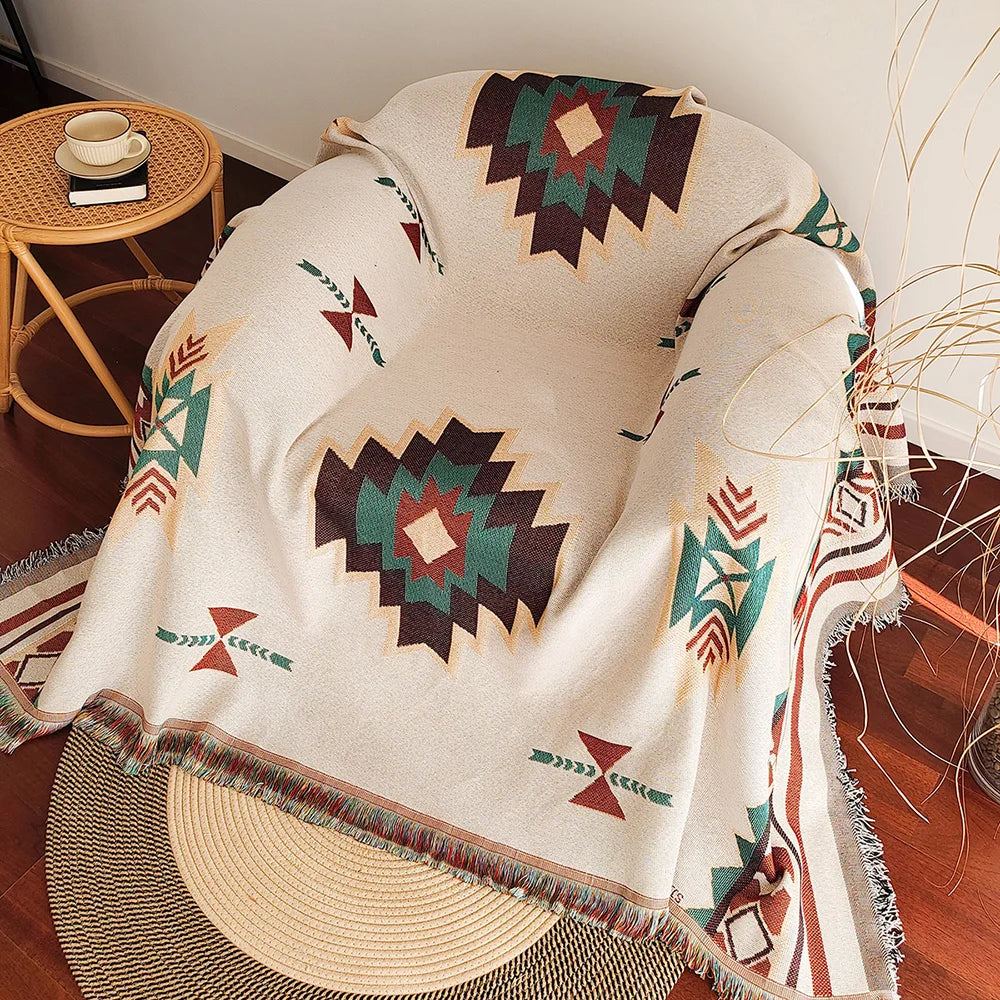 Aztec Boho Throw Blanket with Fringe
