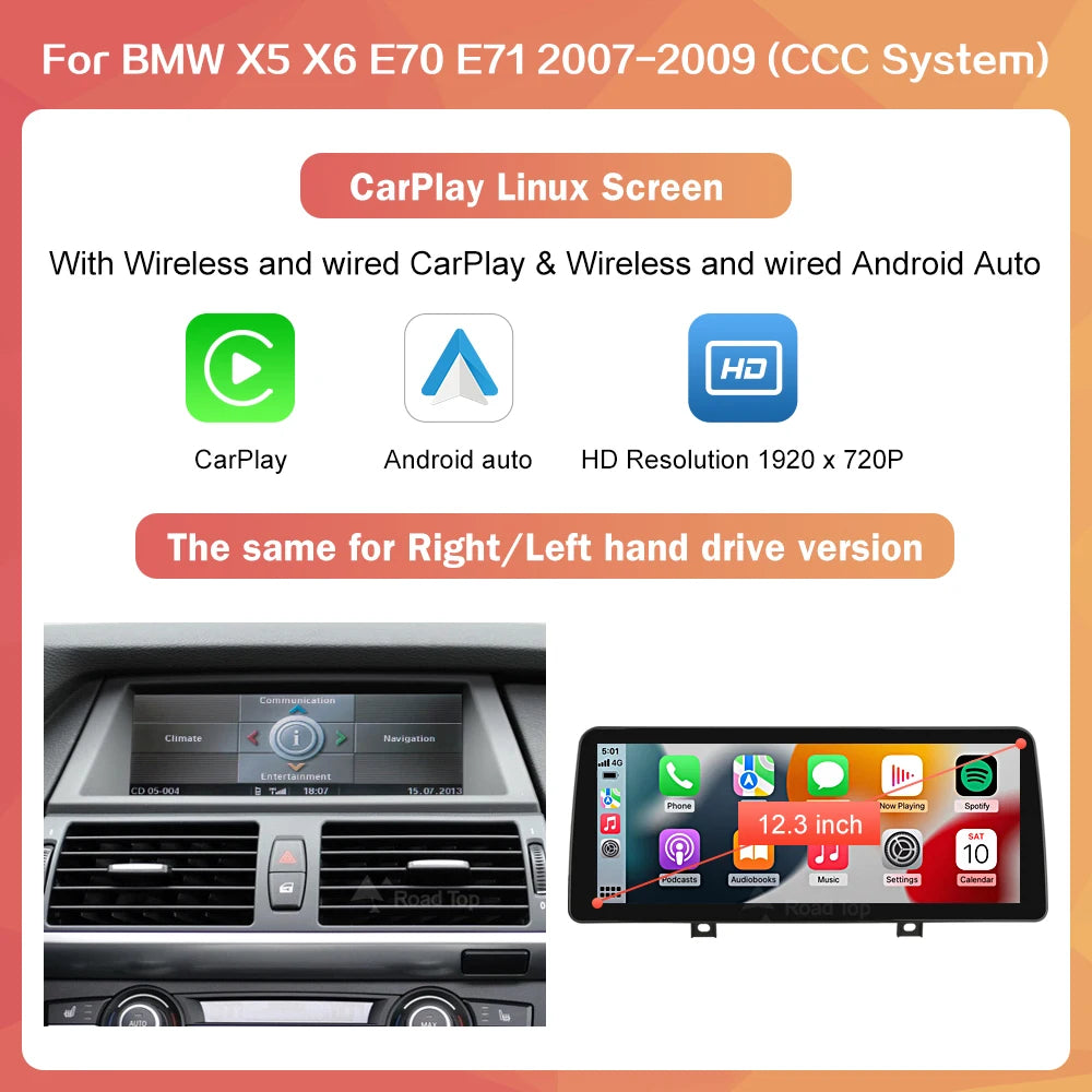 RoadTop 1920*720 Wireless CarPlay Android Auto Car Multimedia Display for BMW X5 X6 E70 E71 2007-2013 CCC CIC Linux Touch Screen