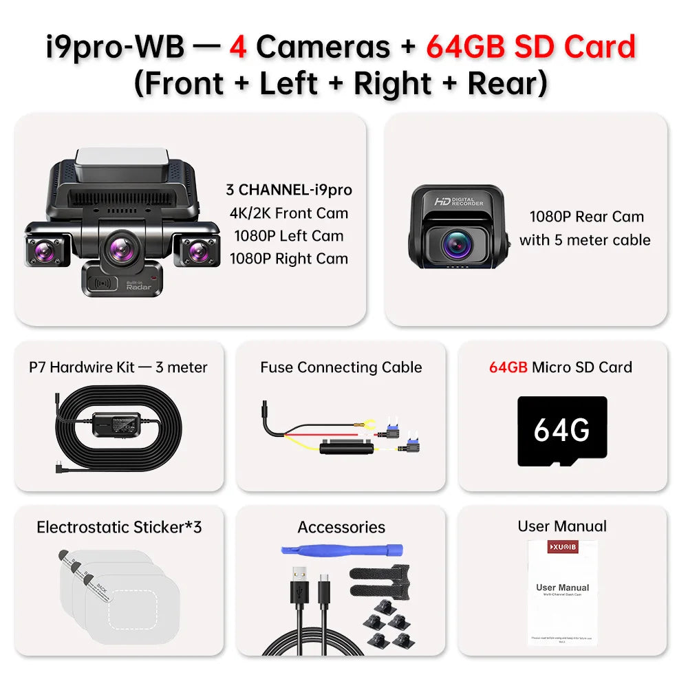XUOIB 4CH GPS Dash Cam i9pro-wb with 4K & 24H Parking Monitor