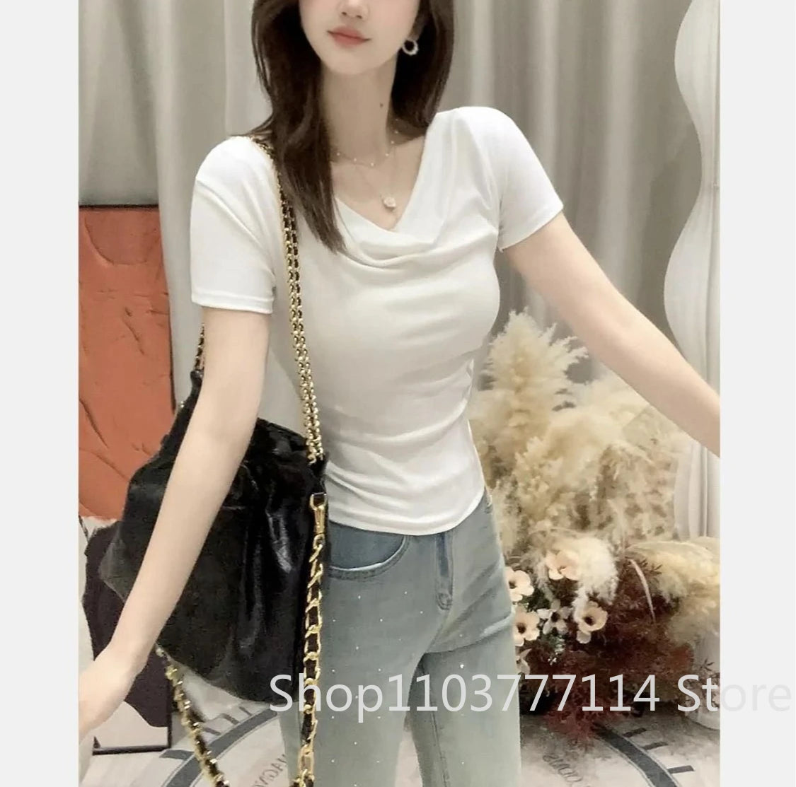 Summer Thread Solid Color Beach Fashion Versatile Women's Short Sleeved T-shirt Casual Lightweight Breathable Sexy Women's Top