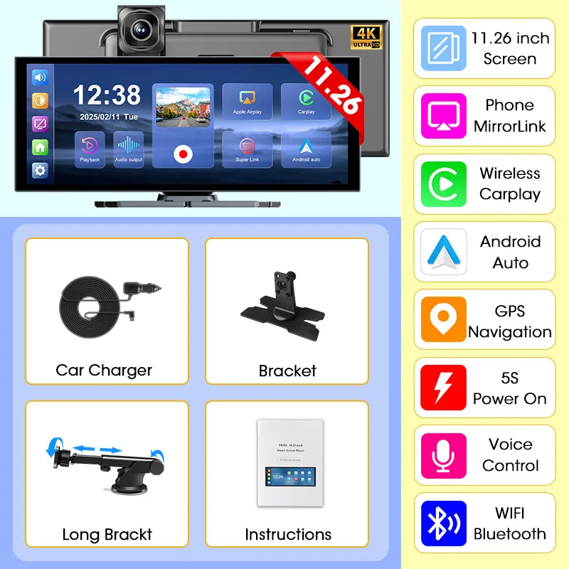 Develuck 11.26" 4K Portable Dash Cam & CarPlay Screen — Wireless Android Auto, 5G WiFi, GPS Navigation