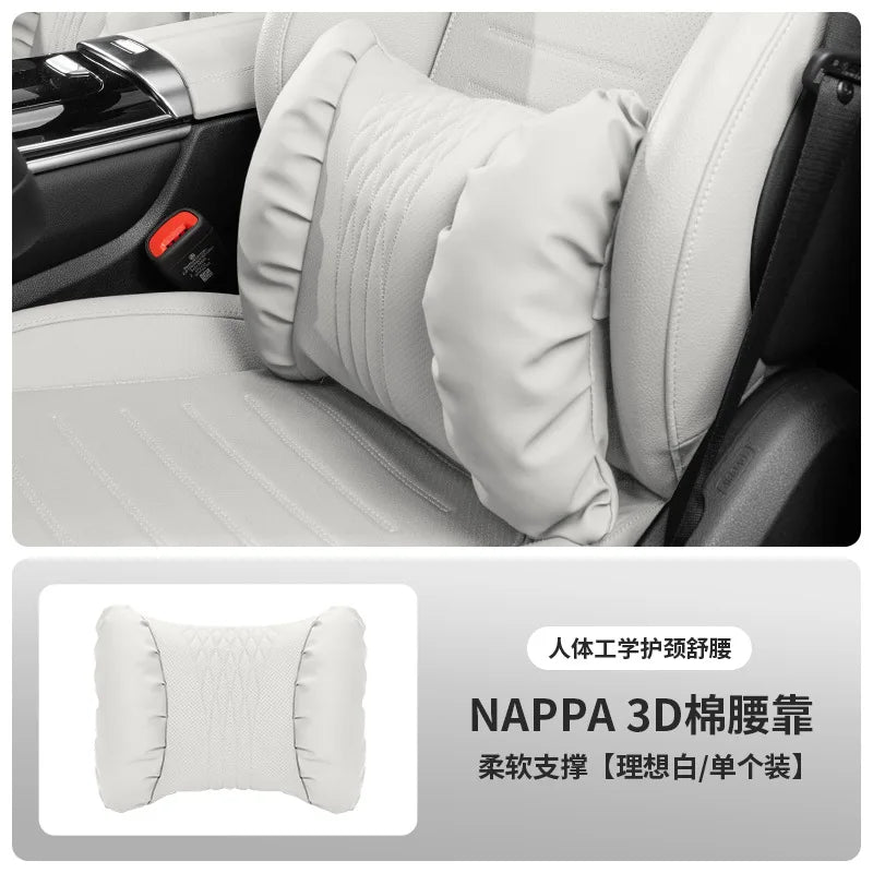 Nappa Leather Car Headrest & Lumbar Support Cushion – Soft Neck Pillow & Waist Pillow Set