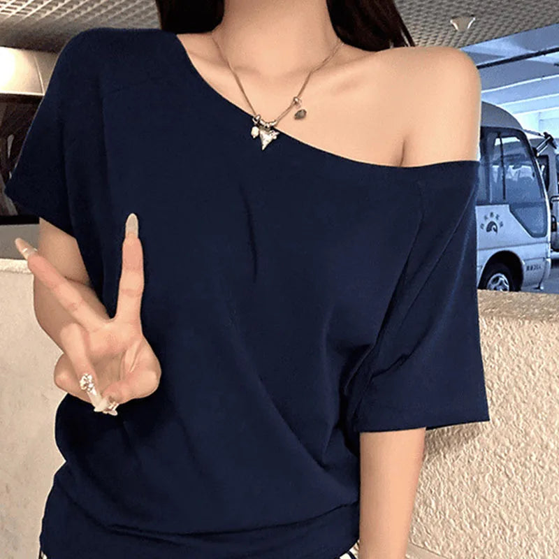 Women's Solid Skew-Collar T-Shirt — Slim-Fit Short-Sleeve Summer Tee