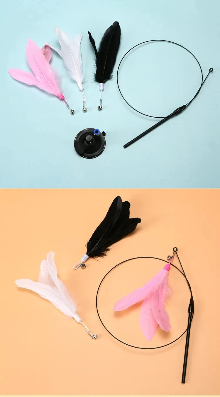 Interactive Cat Toy Handfree Cat Stick Kitten Playing Teaser Wand Toy Suction Cup Feather Wand Pet Supplies Simulation Feather