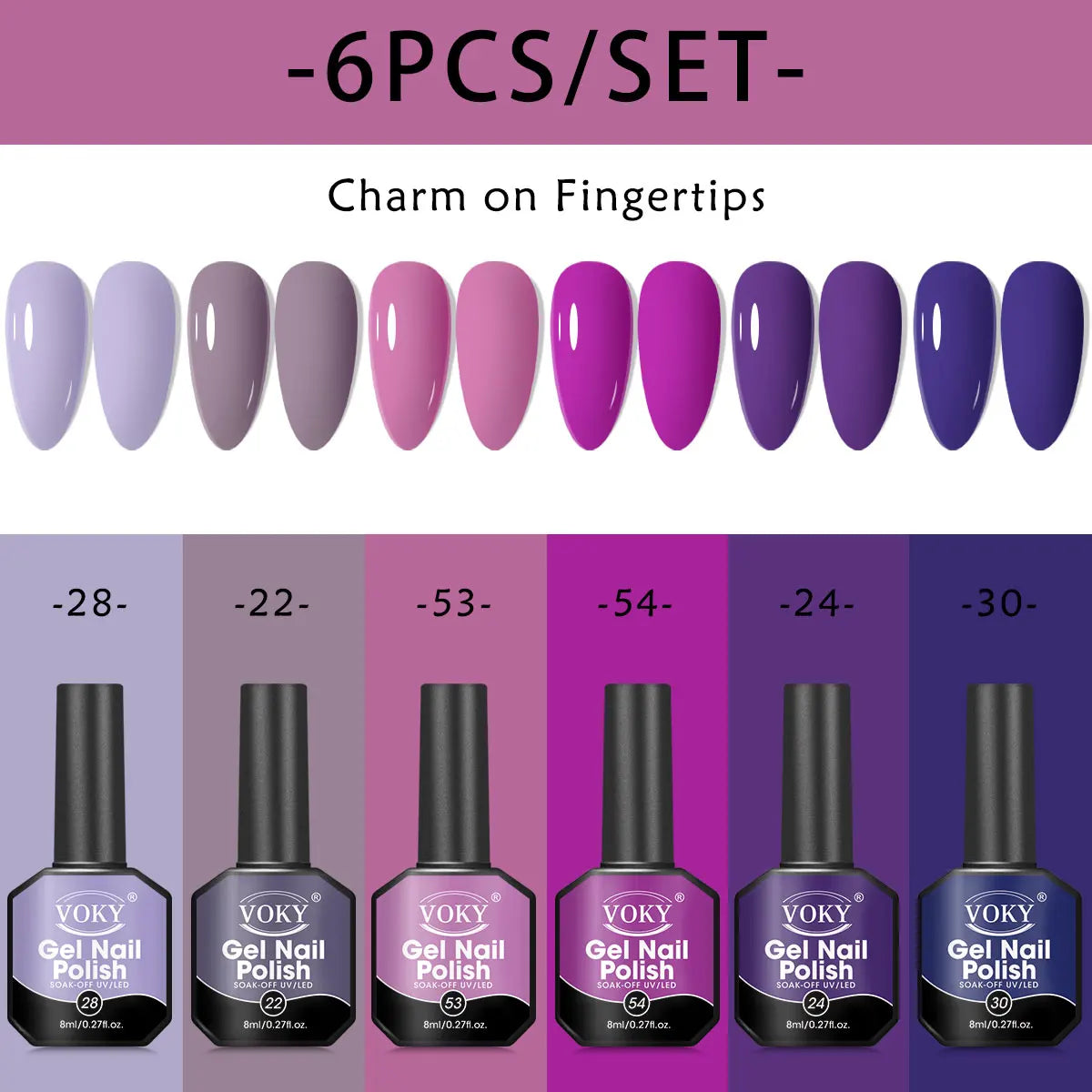 8ml 6-piece gel nail polish set, classic colors, smooth application, shiny effect, no fragrance