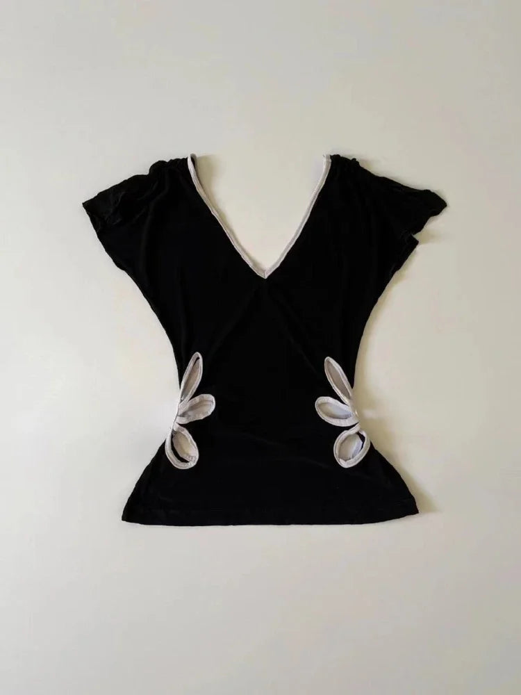 Women's Vintage Harajuku V-Neck Backless Crop T-Shirt – Grunge Y2K Patchwork Subculture Tee
