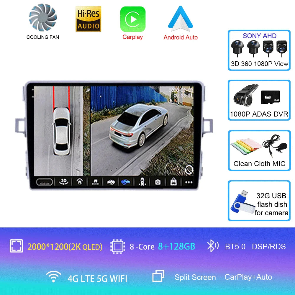 Android Car Stereo for Toyota Verso R20 (2010–2016) — CarPlay, Android Auto, GPS, 4G, RDS, DSP, IPS