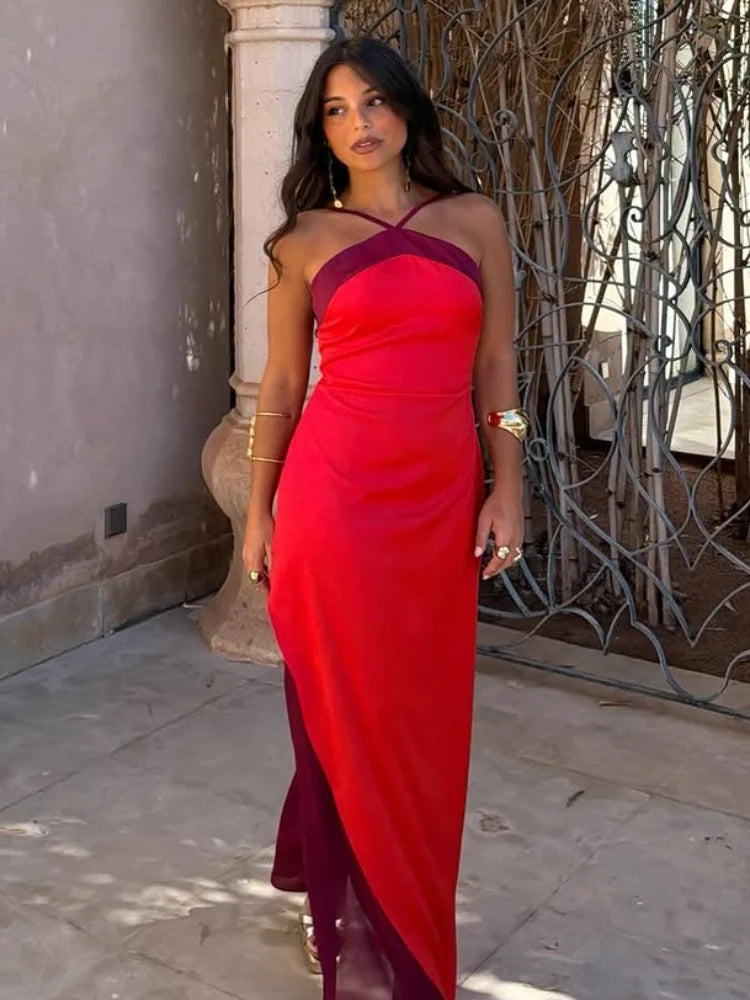 Women's Color-Block Halter Maxi Dress — Backless Off-Shoulder Party Gown