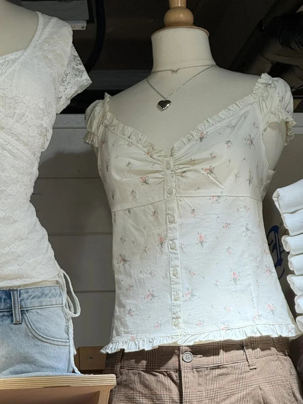 Ruffles White Basic Blouse Top for Woman Summer Folds Single Breasted Sleeveless Tank Tops Casual Cotton Vest Y2k Sweet Camisole
