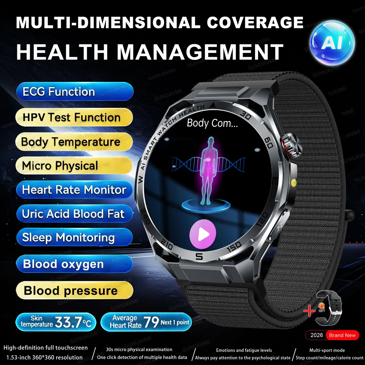 2026 New Body Fat AI Analysis Health Smart Watch ECG+PPG Uric Acid BP Blood Oxygen Call AMOLED Screen Smart Watch For Men Women