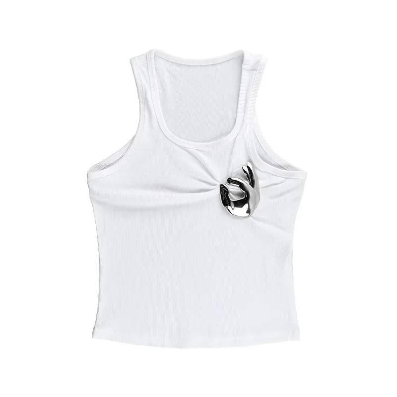Creative Metal Decoration Tank Tops Women Edgy Clothes Y2k Accessories Sleeveless Crop Top Slim Fit Ropa De Mujer Camison Verano