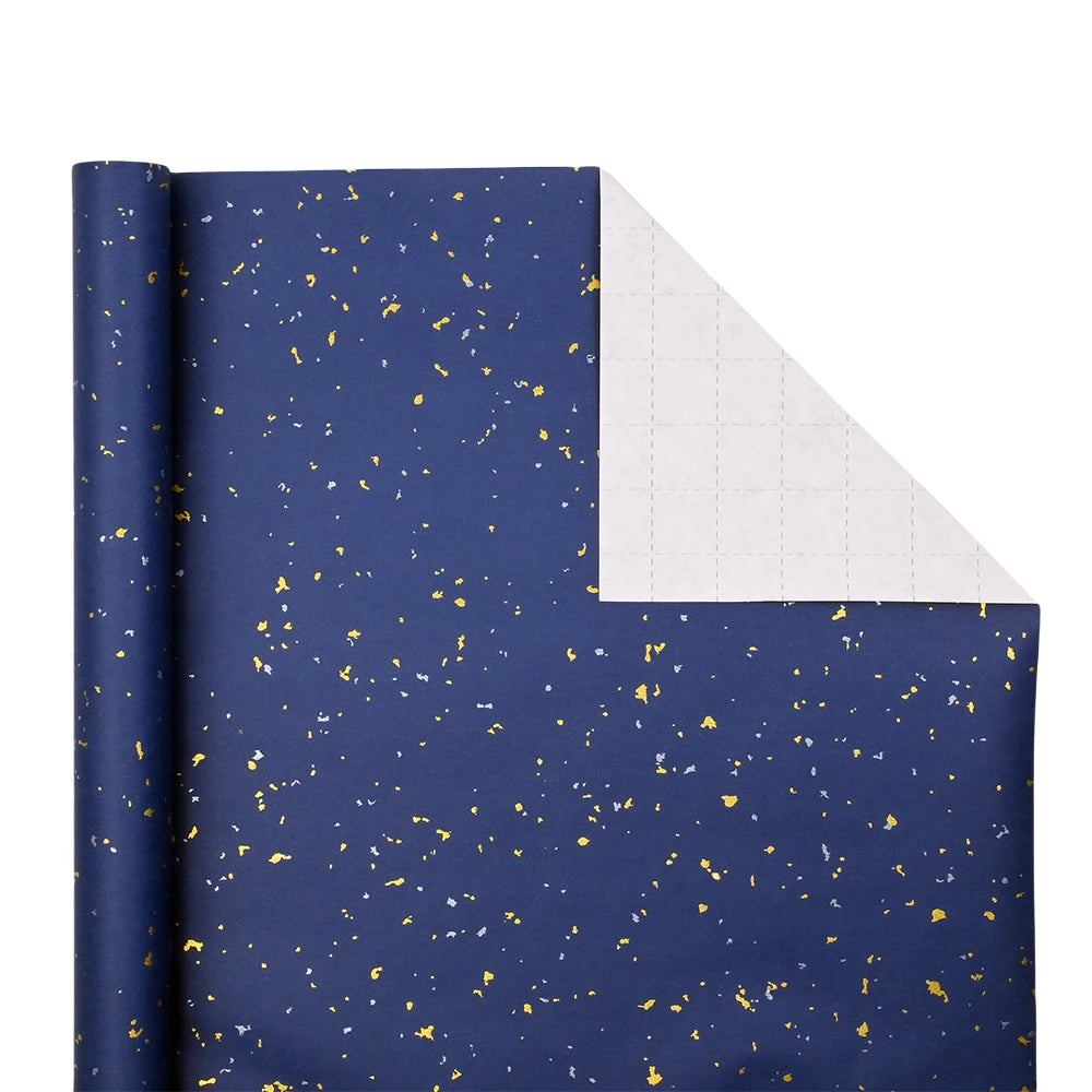 Gift Wrapping Paper Roll, 1 Roll 17 Inch X 120 Inch, Navy Blue Gold Foil Design for Holiday, Birthday, Wedding, Party