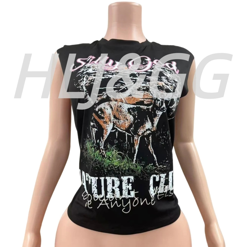 HLJ&GG Black Fashion Graphic Printing Loose T Shirts Women Round Neck Sleeveless Tops Summer New Female Hip Hop Streetwear 2025