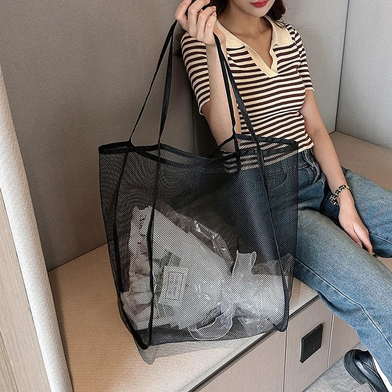 New transparent mesh shoulder bag, stylish and lightweight, with ample capacity, versatile for shopping, beach bag.