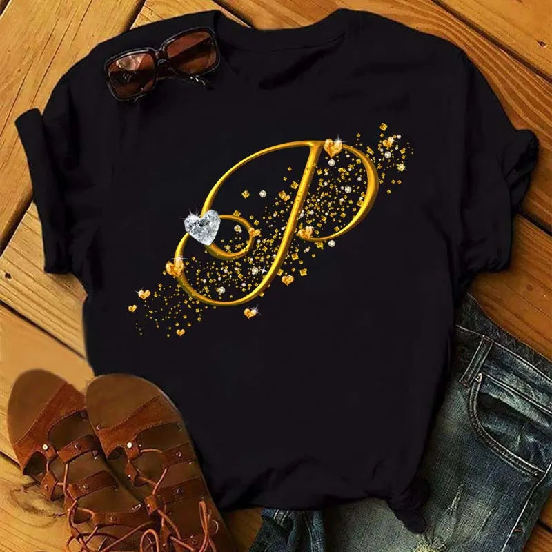 Women's Personalized Letter Graphic Tee — Gold Diamond-Font Monogram Short-Sleeve Top