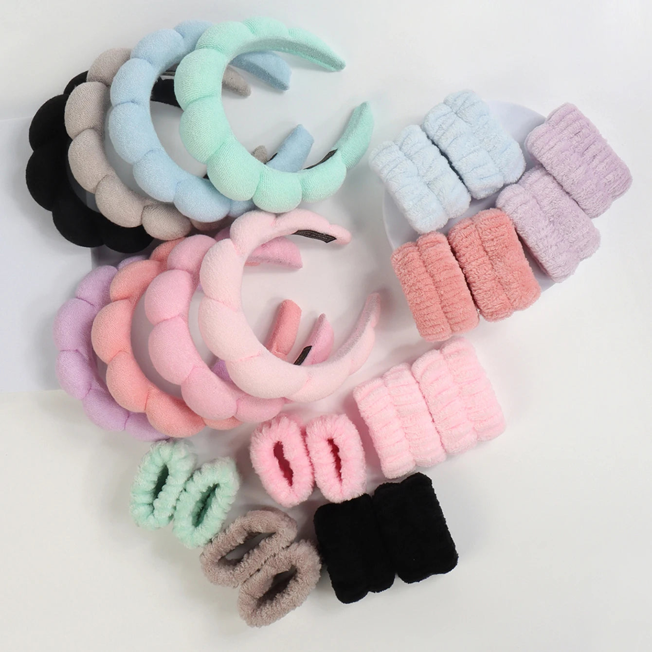 Spa Bubble Headband for Washing Face – Microfiber Puffy Scrunchie Wristband for Skincare & Makeup Routine