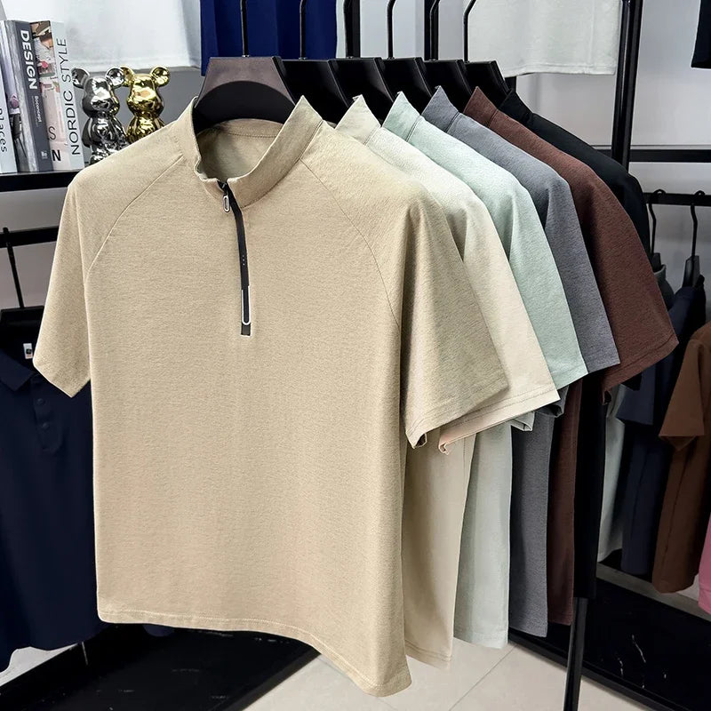 Men's Half-Zip Mandarin Tee - Cool-Touch Raglan, Breathable Knit