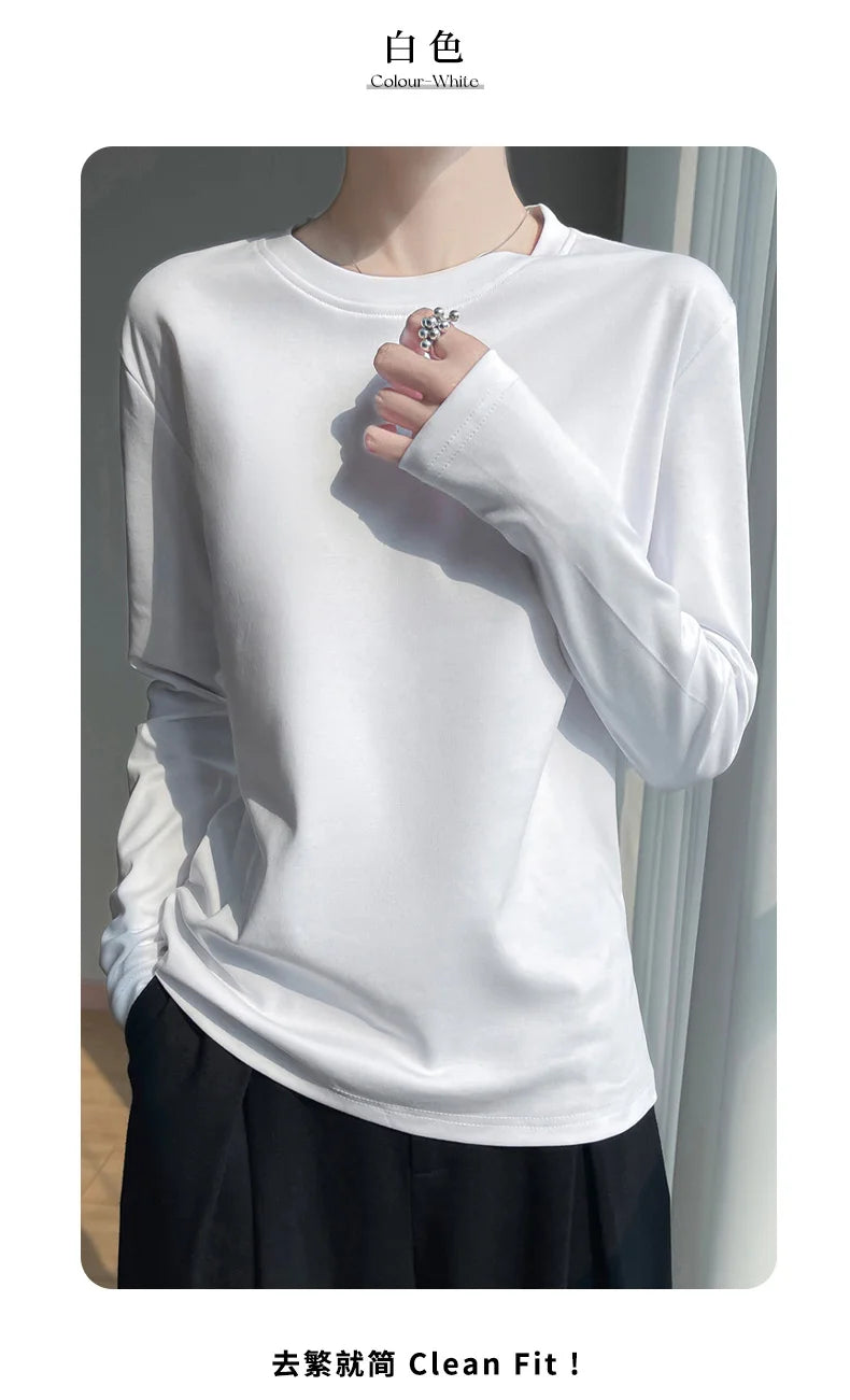 Spring And Summer New Mercerized Cotton Long Sleeve T-shirt Women's Round Neck Loose 100% Cotton Bottoming T-shirt