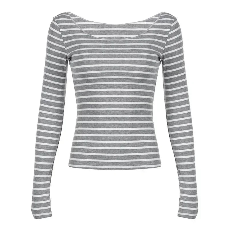 Harajuku Basic Slim Long Sleeve Stripe Tee Off Shoulder O Neck Korean Street Style Spring Autumn Y2K Women's Gray T Shirt