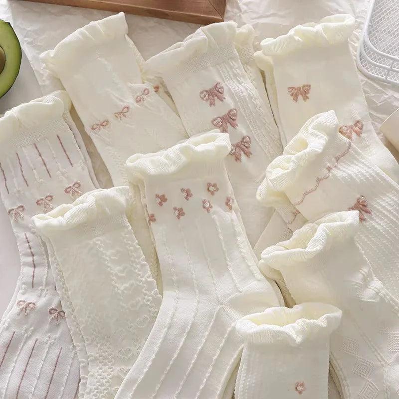 Women's Mid-Tube Socks 5/10 Pairs - Cute Bow & Floral