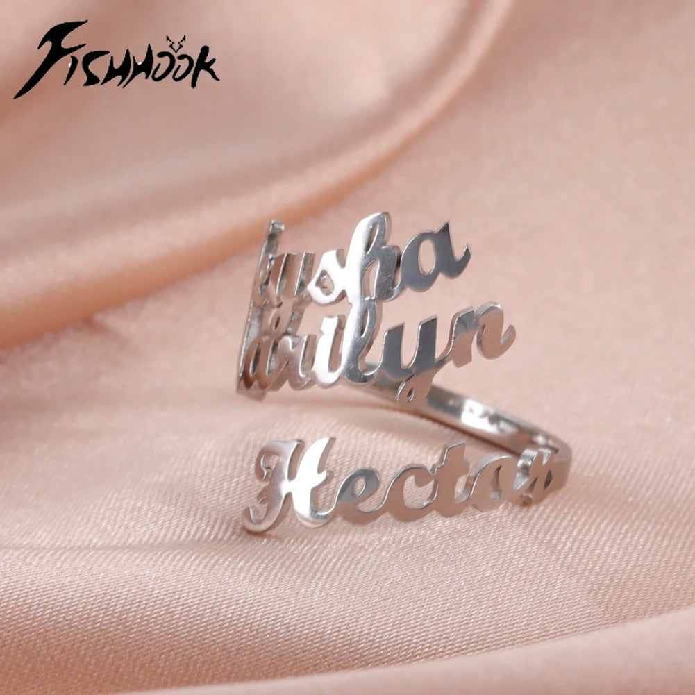 Custom Double First Name Finger Ring For Women Men Personalized Couple Family Gift Gold Color Stainless Steel Metal Jewelry