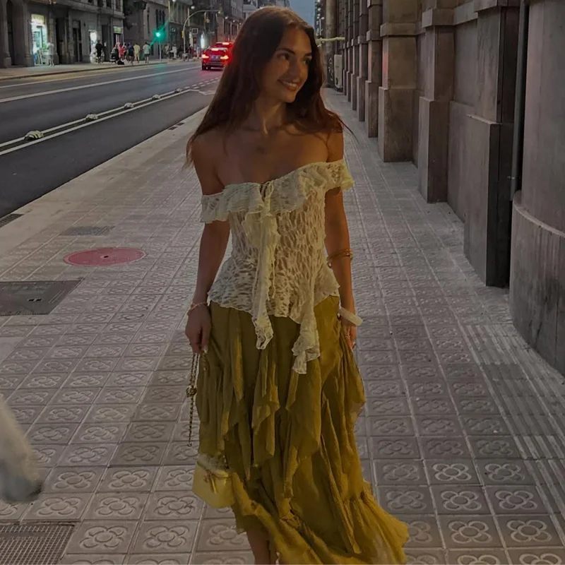 Dulzura 2026 Summer Fashion Sexy Off Shoulder Backless Lace See Through Top Ladies Casual Versatile Party Club Street Y2K Outfit