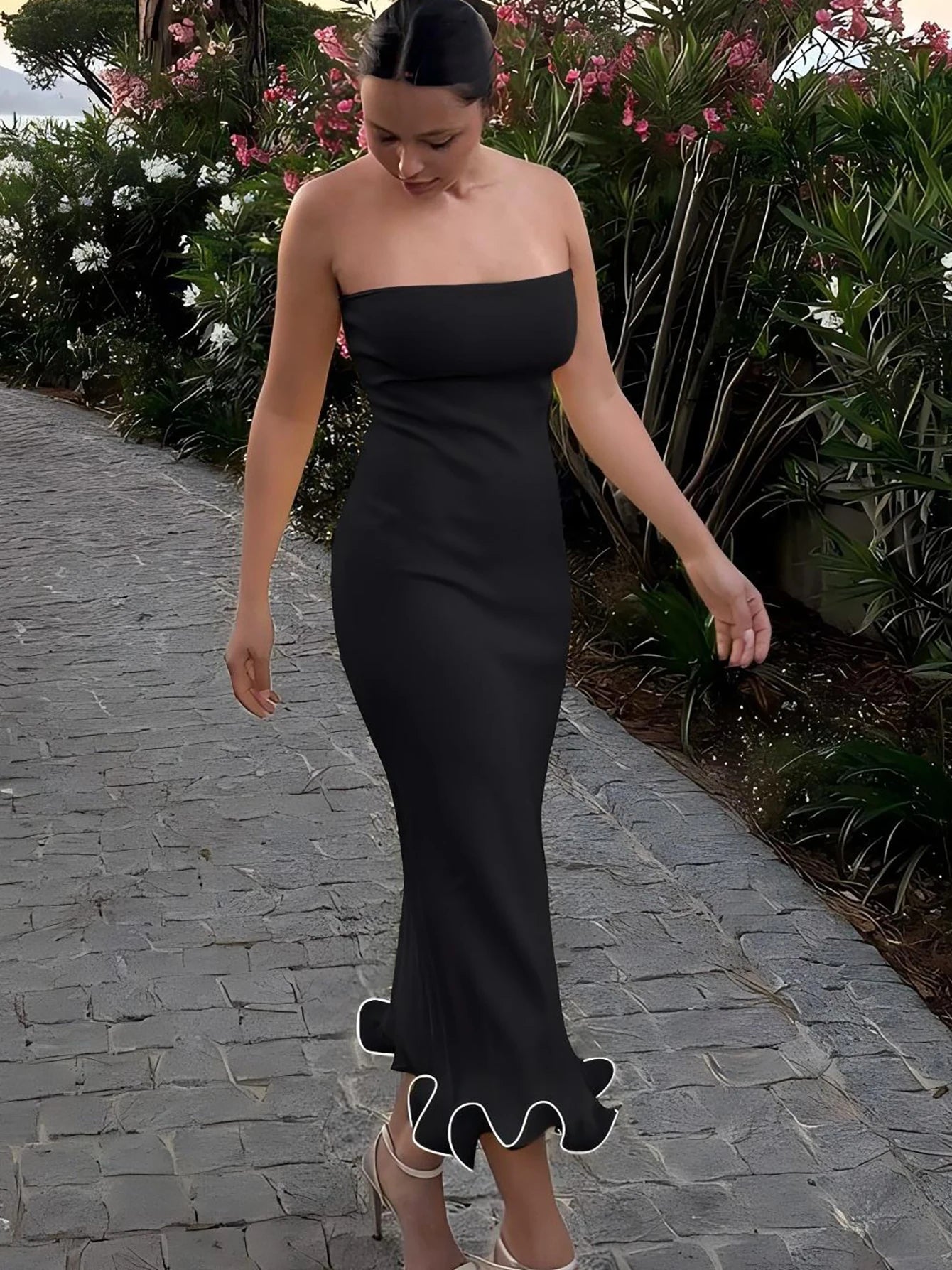 Dulzura Sleeveless Ruffles Patchwork Strapless Bodycon Midi Dress Women'S Solid Sexy Outfit Party Clubwear For Autumn Winter