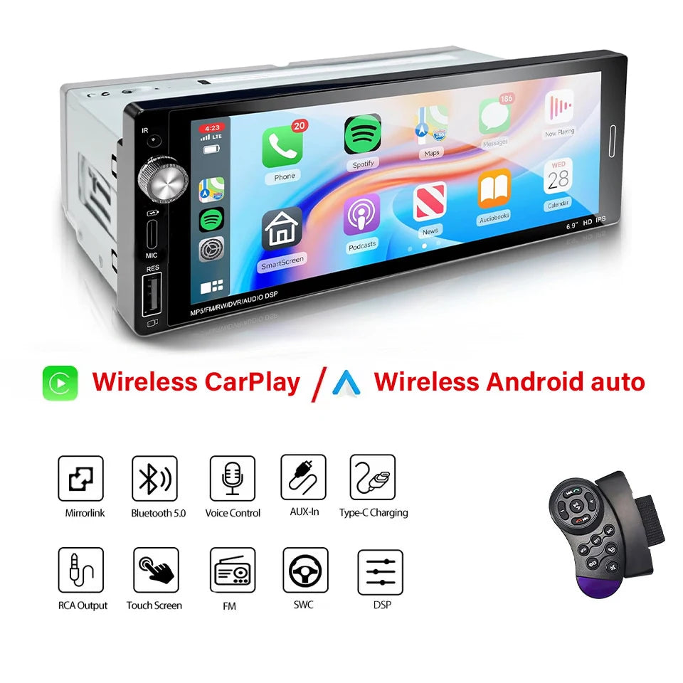 6.9" 1-DIN Car Stereo — Wireless & Wired CarPlay, Android Auto, USB-C Fast Charging, FM Radio