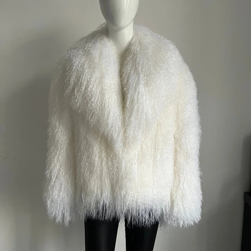 Women's Mongolian Sheep Fur Coat, Turn-Down Collar