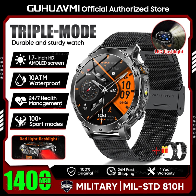 Rugged Outdoor Smart Watch — 1400mAh, 10ATM, Torch & BT Call
