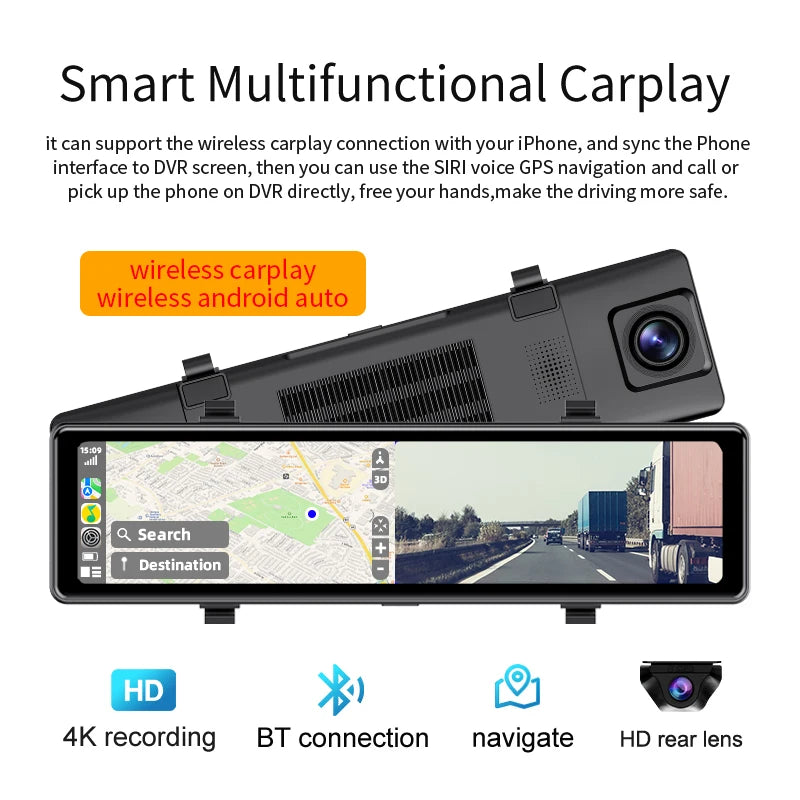 Acceo 4K WIFI Dashcam RearView Mirror DVR Support Rear View Camera Wireless Carplay Android Auto Video Recorder Camera Black Box