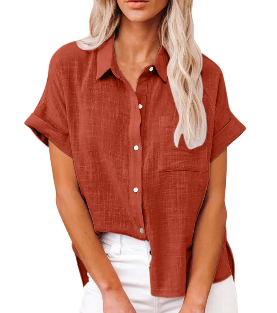 Women's Cotton-Linen Blouse — Loose Short-Sleeve Casual Summer Top