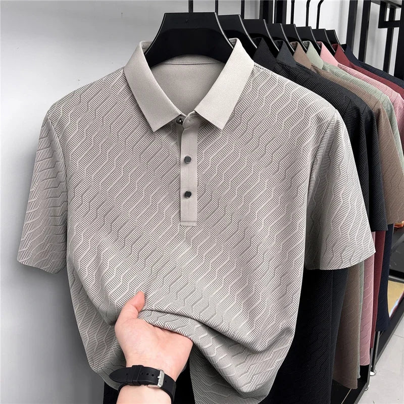 Men's Wavy-Texture Mesh Polo - Sweat-Wicking Lapel, Lightweight