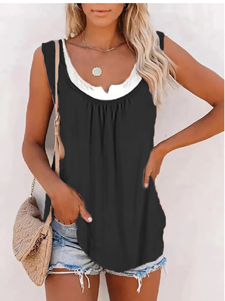 Summer ladies new casual loose solid color patchwork sleeveless blouse knitted vest women