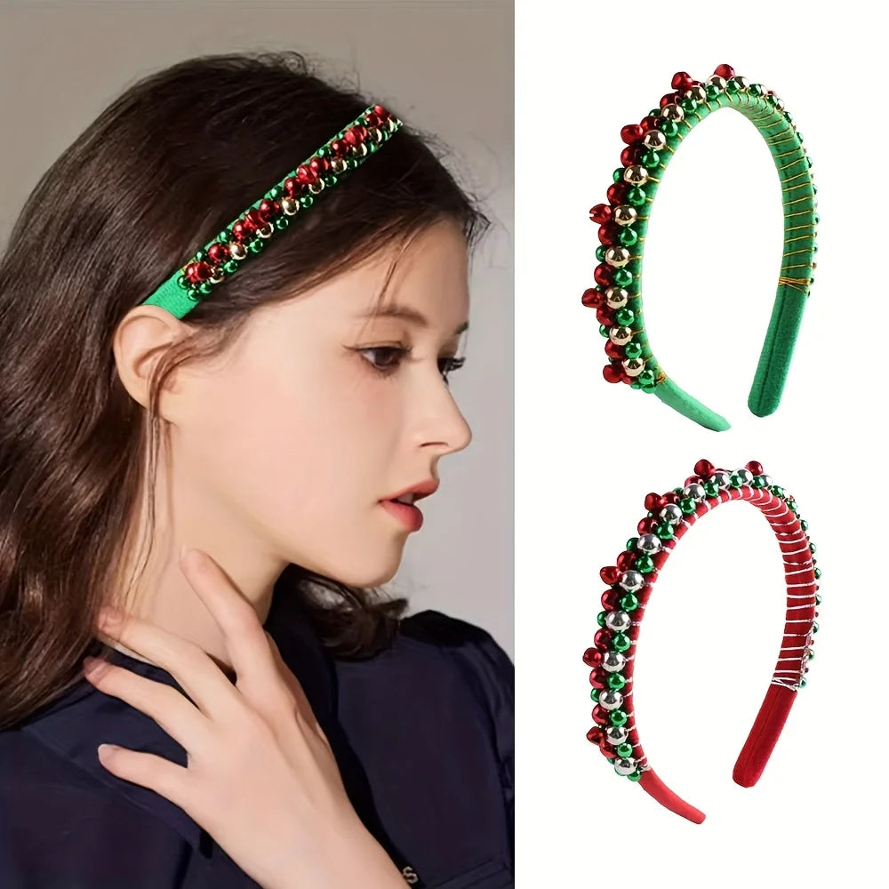 Festive Christmas Headband with Red & Green Beads, Golden Accents & Bell Charms - Hand-Wrapped Polyester Party Accessor