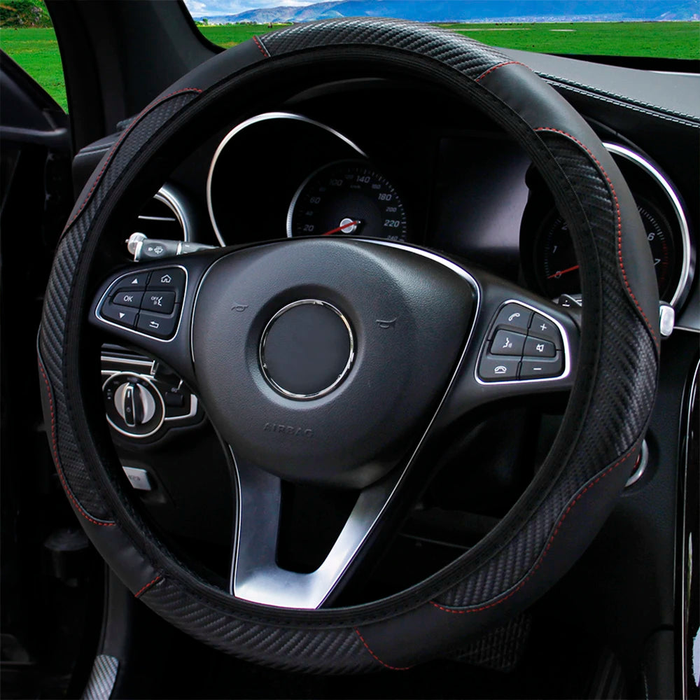 Carbon Fiber PU Leather Steering Wheel Cover – Universal Fit 14.5–15 Inch | Anti-Slip Car Interior Accessory