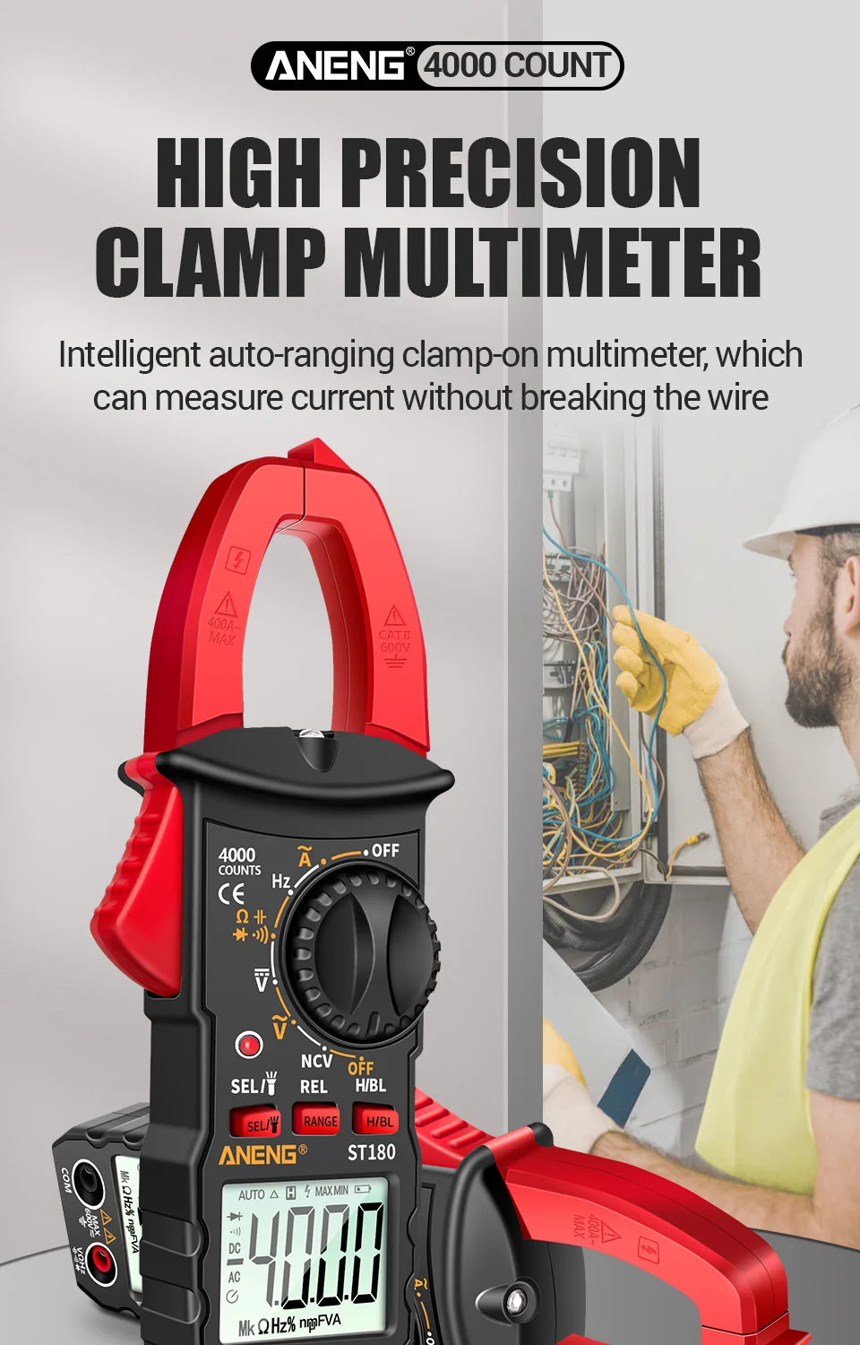 ANENG ST180 AC Current Clamp Meter  Digital 4000 Counts Multimeter Ammeter Voltage Tester Car Amp Hz Capacitance NCV Ohm Tool