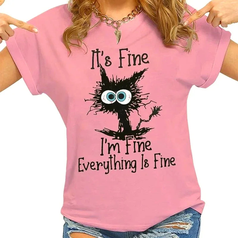 Women Clothes Cat It's Fine I'm Fine Everything Is Fine Print T-shirts Summer Casual Fashion Personalized Woman Clothing