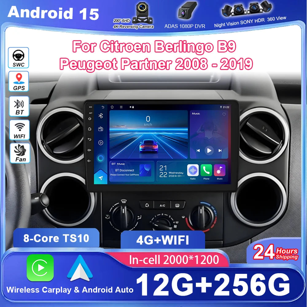 Car Android 15 Radio Stereo For Citroen Berlingo B9 Peugeot Partner 2008 - 2019 wireless CarPlay Android Auto No 2 din 2din DVD