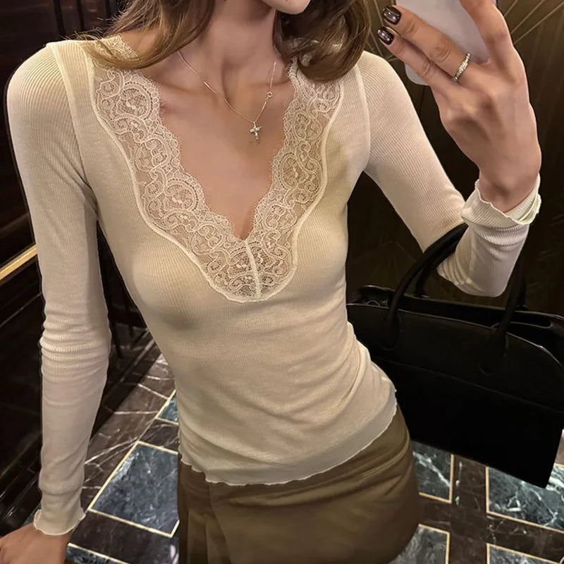 Sexy Low-Cut Lace Trim V-Neck T Shirts Women Spring New Skinny Elasticity Thin Ribbed Tees Korean Fashion Y2K Long Sleeve Tops